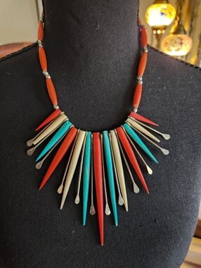 Vintage Handcrafted Turquoise, Coral & Cream Spike Necklace